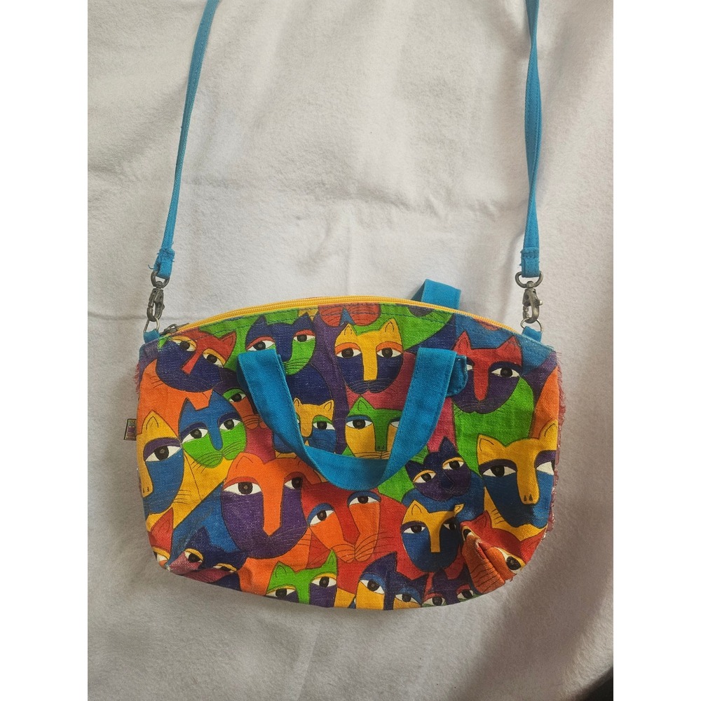 Laurel Burch Cat Face Canvas Crossbody Bag Multicolored Artistic Purse Handbag